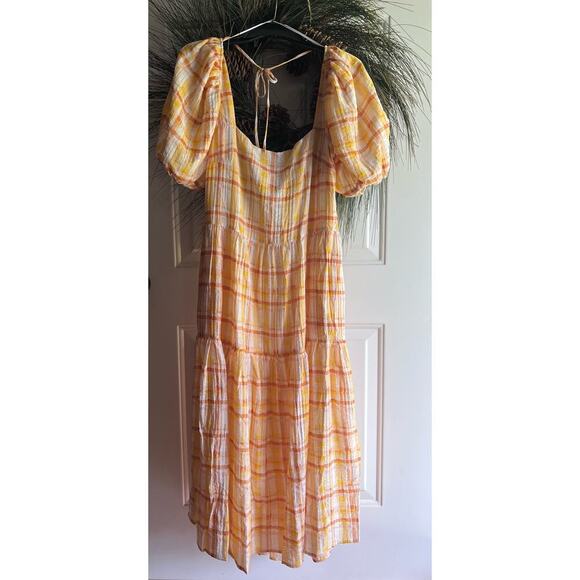 Astr The Label Anthropologie IIana Puff Sleeve Prarie Yellow Plaid Dress - Picture 12 of 17